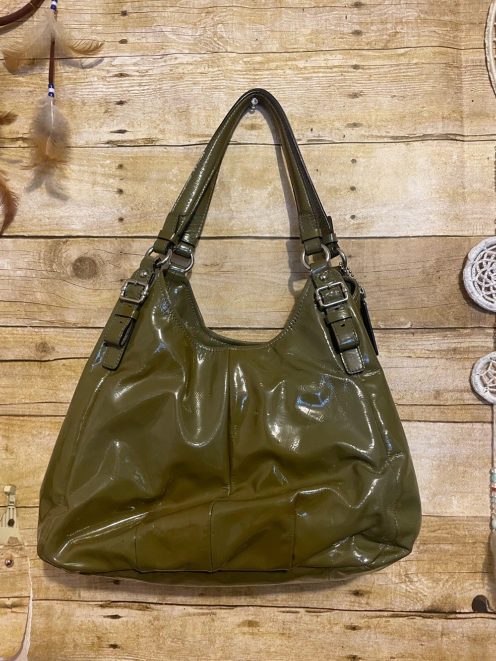COACH Madison Glossy Olive Green Satchel Bag Hobo Shoulder Purse - Picture 6 of 11